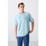 Tommy Life 88344 Açık Mavi Pamuklu Kalın Yumuşak Dokulu Oversize Fit Baskılı Erkek T-Shirt