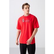 Tommy Life 88344 Kırmızı Fiesta Pamuklu Kalın Yumuşak Dokulu Oversize Fit Baskılı Erkek T-Shirt