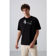 Tommy Life 88344 Siyah Pamuklu Kalin Yumusak Dokulu Oversize Fit Baskili Erkek T-Shirt