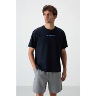 Tommy Life 88364 Lacivert Pamuklu Kalın Yüzeyi Dokulu Oversize Fit Baskılı Erkek T-Shirt