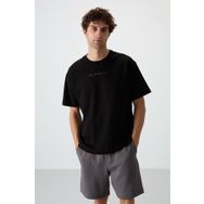 Tommy Life 88364 Siyah Pamuklu Kalın Yüzeyi Dokulu Oversize Fit Baskılı Erkek T-Shirt
