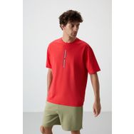 Tommy Life 88366 Kırmızı Fiesta Pamuklu Kalın Yüzeyi Dokulu Oversize Fit Baskılı Erkek T-Shirt