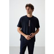 Tommy Life 88366 Lacivert Pamuklu Kalın Yüzeyi Dokulu Oversize Fit Baskılı Erkek T-Shirt