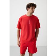 Tommy Life 88368 Kırmızı Fiesta Pamuklu Kalın Yüzeyi Dokulu Oversize Fit Baskılı Erkek T-Shirt