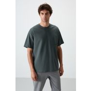 Tommy Life 88370 Haki Pamuklu Kalın Yüzeyi Dokulu Oversize Fit Baskılı Erkek T-Shirt