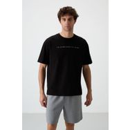Tommy Life 88371 Siyah Pamuklu Kalın Yüzeyi Dokulu Oversize Fit Baskılı Erkek T-Shirt