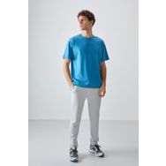 Tommy Life 88377 Petrol Mavi Pamuklu Kalın Yumuşak Dokulu Oversize Fit Basic Erkek T-shirt