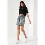 Tommy Life 91004 Yeşil Kadın Yazı Baskılı Batik Desenli Bağcıklı Rahat Form Bermuda Şort