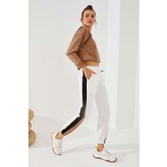 Tommy Life 94582 İki Renk Şeritli Rahat Form Lastik Paça Ekru Kadın Eşofman Alt