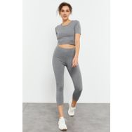 Tommy Life 95285 Gri Melanj Yüksek Bel Kapri-Crop T-Shirt Slim Fit Kadın Tayt Takımı