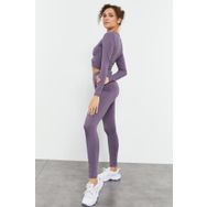 Tommy Life 95286 Eflatun Yüksek Bel Uzun Kollu Slim Fit Crop Top Kadın Tayt Takım