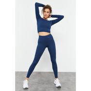 Tommy Life 95286 İndigo Yüksek Bel Uzun Kollu Slim Fit Crop Top Kadın Tayt Takım