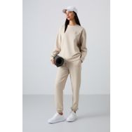 Tommy Life 95287 Bej O Yaka Oversize Lastik Paça Kadın Eşofman Takımı
