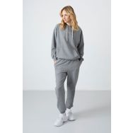 Tommy Life 95288 Gri Melanj Kapüşonlu Kanguru Cep Oversize Lastik Paça Kadın Eşofman Takımı