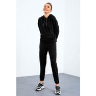 Tommy Life 95288 Kapüşonlu Kanguru Cep Oversize Lastik Paça Siyah Kadın Eşofman Takımı