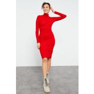 Tommy Life 97117 Kaşkorse Triko Dar Kalıp Balıkçı Yaka Kırmızı Kadın Elbise