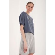 Tommy Life 97135 Kadın Petrol Yazı Baskılı Kısa Oversize O Yaka T-shirt