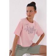 Tommy Life 97136 Kadın Pembe Asimetrik Yazı Baskılı Oversize O Yaka T-shirt