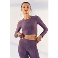 Tommy Life 97153 Eflatun Kadın Kendinden Desenli O Yaka Uzun Kol Crop Top Bluz