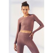 Tommy Life 97153 Gül Kurusu Kadın Kendinden Desenli O Yaka Uzun Kol Crop Top Bluz