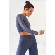 Tommy Life 97153 Kendinden Desenli O Yaka Uzun Kol Petrol Kadın Crop Top