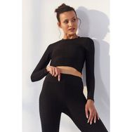 Tommy Life 97153 Kendinden Desenli O Yaka Uzun Kol Siyah Kadın Crop Top