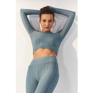 Tommy Life 97153 Mint Yeşili Kadın Kendinden Desenli O Yaka Uzun Kol Crop Top Bluz