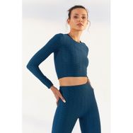 Tommy Life 97153 Zümrüt Kendinden Desenli O Yaka Uzun Kol Kadın Crop Top T-Shirt