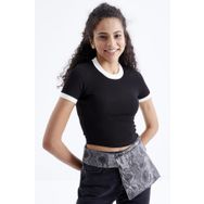 Tommy Life 97200 Basic Kol Detaylı O Yaka Siyah Kadın Crop Top T-Shirt