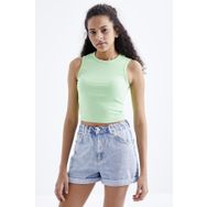 Tommy Life 97204 Fıstık Yeşil Basic Kolsuz O Yaka Kadın Crop Top Bluz