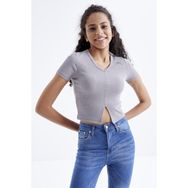 Tommy Life 97206 Basic Önü Yırtmaçlı V Yaka Gri Kadın Crop Top T-Shirt