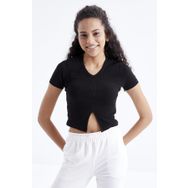 Tommy Life 97206 Basic Önü Yırtmaçlı V Yaka Siyah Kadın Crop Top T-Shirt