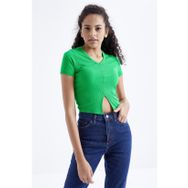 Tommy Life 97206 Basic Önü Yırtmaçlı V Yaka Yeşil Kadın Crop Top T-Shirt