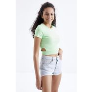 Tommy Life 97207 Basic Yanı Pencereli O Yaka Fıstık Yeşil Kadın Crop Top T-Shirt