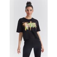 Tommy Life 97212 Renkli Yazı Baskılı O Yaka Siyah Kadın Oversize T-Shirt