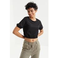 Tommy Life 97221 Balon Kol O Yaka Beli Lastikli Bürümcük Kumaş Siyah Kadın Crop Top T-Shirt