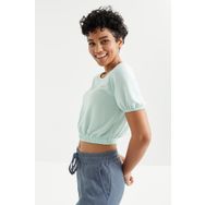 Tommy Life 97221 Balon Kol O Yaka Beli Lastikli Bürümcük Kumaş Su Yeşili Kadın Crop Top T-Shirt