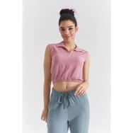 Tommy Life 97223 Gül Kurusu Basic Polo Yaka Beli Lastikli Kadın Crop Top T-Shirt