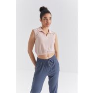 Tommy Life 97223 Polo Yaka Beli Lastikli Bürümcük Kumaş Somon Kadın Crop Top T-Shirt