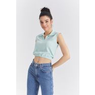 Tommy Life 97223 Polo Yaka Beli Lastikli Bürümcük Kumaş Su Yeşili Kadın Crop Top T-Shirt