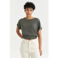 Tommy Life 97227 Basic O Yaka Beli Lastikli Bürümcük Kumaş Çağla Yeşili Kadın Crop Top T-Shirt
