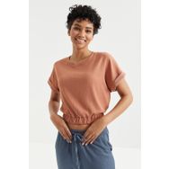Tommy Life 97227 Basic O Yaka Beli Lastikli Bürümcük Kumaş Tarçın Kadın Crop Top T-Shirt