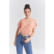 Tommy Life 97227 Kavun İçi Basic O Yaka Beli Lastikli Bürümcük Kumaş Crop Top Kadın T-shirt