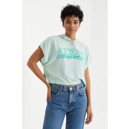 Tommy Life 97229 Yazı Baskılı Kapüşonlu Oversize Bürümcük Kumaş Su Yeşili Kadın Crop Top T-Shirt