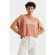 Tommy Life 97229 Yazı Baskılı Kapüşonlu Oversize Bürümcük Kumaş Tarçın Kadın Crop Top T-Shirt
