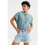 Tommy Life 97230 Kapüşonlu Yazı Baskılı Beli Lastikli Bürümcük Kumaş Mint Yeşili Kadın Crop Top T-Shirt