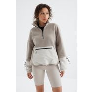 Tommy Life 97238 Koyu Bej Etek Ucu Büzgülü Yarım Fermuar Kanguru Cepli Oversize Kadın Sweatshirt