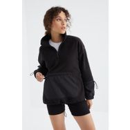 Tommy Life 97238 Siyah Etek Ucu Büzgülü Yarım Fermuar Kanguru Cepli Oversize Kadın Sweatshirt