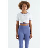 Tommy Life 97266 Beyaz Bel Bağlama Detaylı O Yaka Standart Kalıp Dalgıç Kumaş Kadın Crop T-Shirt