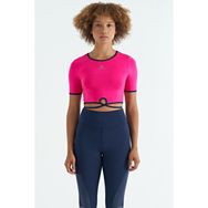 Tommy Life 97266 Fuşya Bel Bağlama Detaylı O Yaka Standart Kalıp Dalgıç Kumaş Kadın Crop T-Shirt